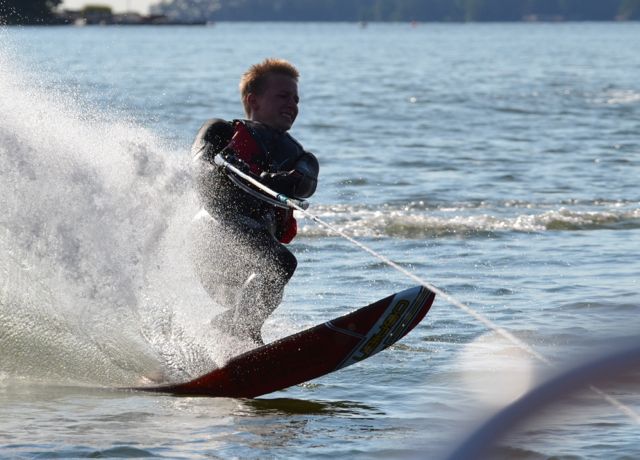 The framework here is equipment (boat, ski), environment (allowed practice area, weather) and team (boat driver, coach).